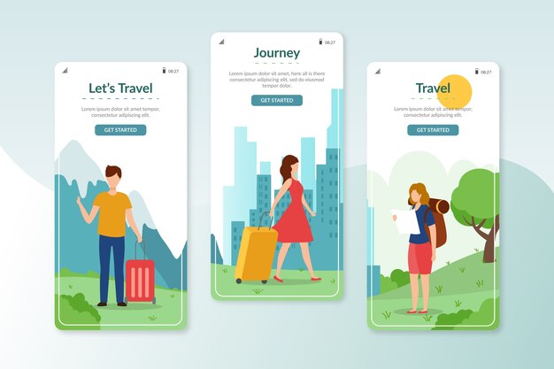 Travel onboarding app screens