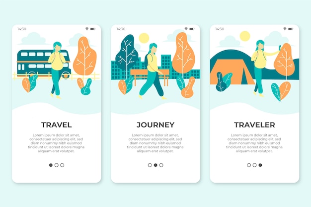 Free vector travel onboarding app screens