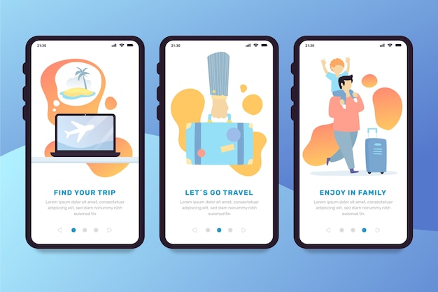 Vettore gratuito schermate dell'app di viaggio integrate