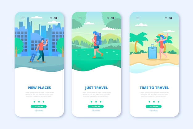 無料ベクター 旅行のオンボーディングアプリ画面