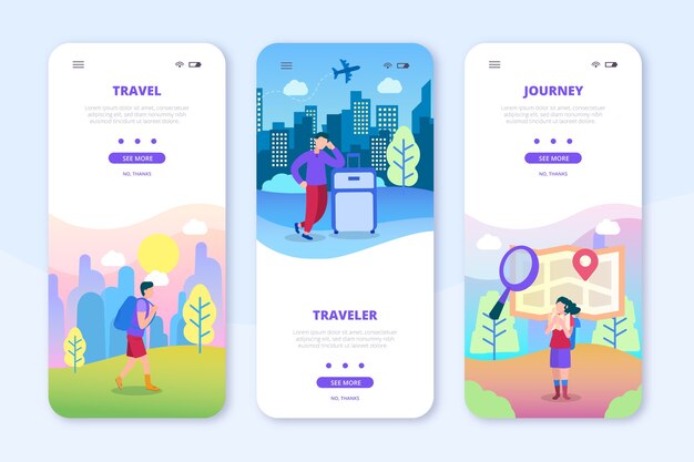 旅行のオンボーディングアプリ画面