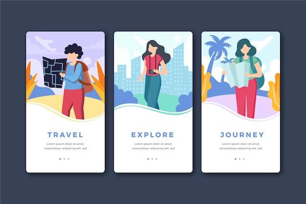 Free vector travel onboarding app screens