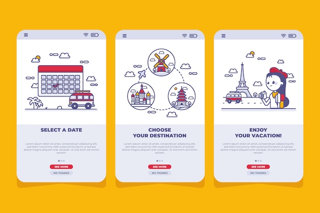 Travel onboarding app screens