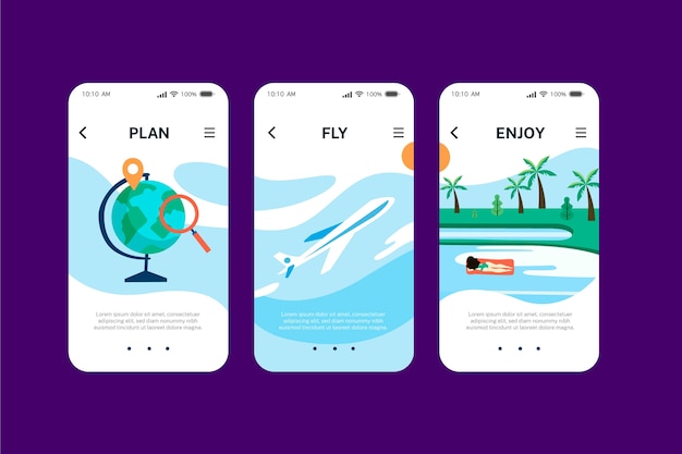 Travel onboarding app screens