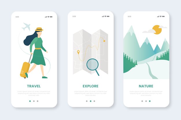 Free vector travel onboarding app screens