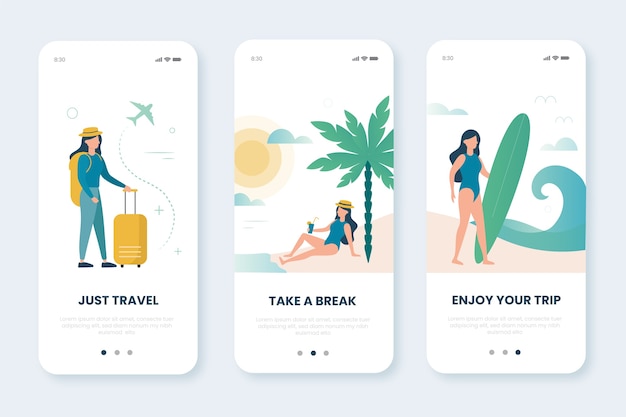 Free vector travel onboarding app screens