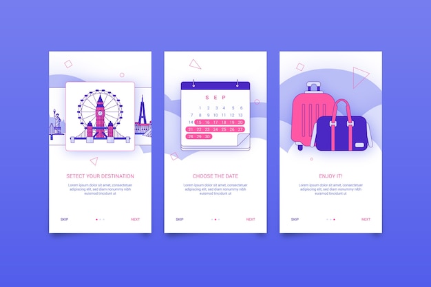 Free vector travel onboarding app screens