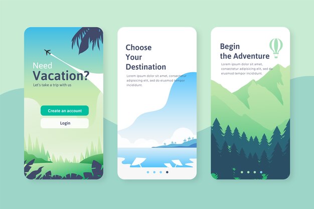 Travel onboarding app screens