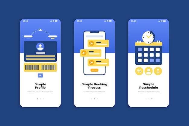 無料ベクター 旅行オンラインのオンボーディングアプリの画面セット（携帯電話）