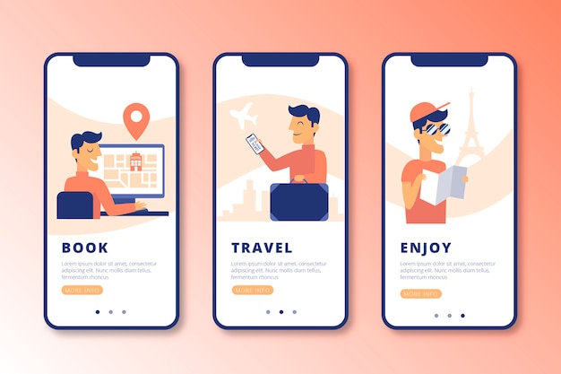 Free vector travel online onboarding app screens set