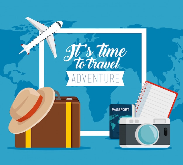 Travel passport with camera and baggage to vacation