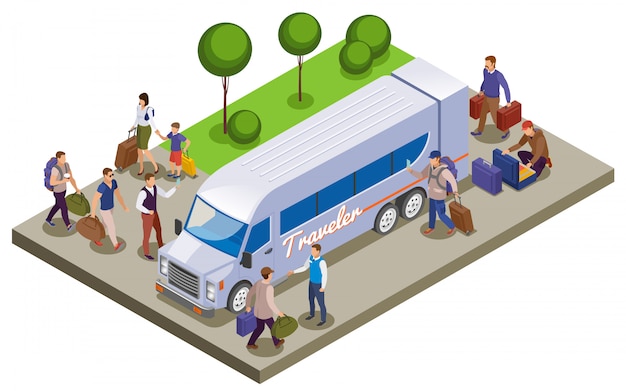 Free vector travel people isometric composition with passengers meeting on tourist bus station for traveling