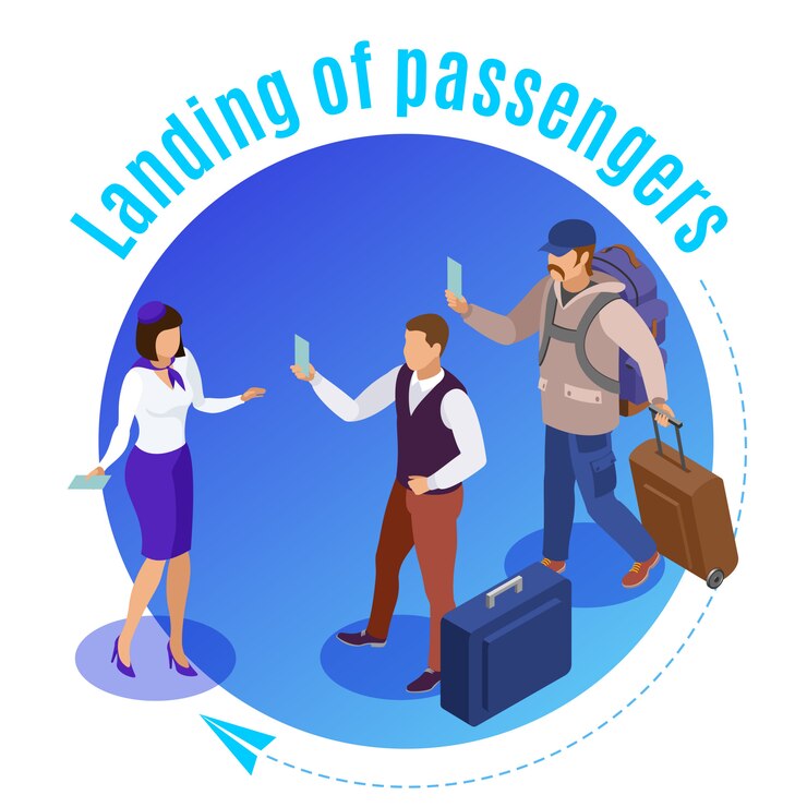 Free Vector travel people round  illustrated airport employee controlling landing of airplane passengers isometric