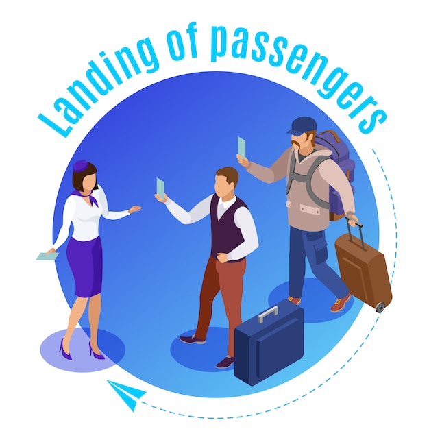 Бесплатное векторное изображение Путешествие людей вокруг иллюстрированного работника аэропорта, контролирующего посадку пассажиров самолета, изометрическое
