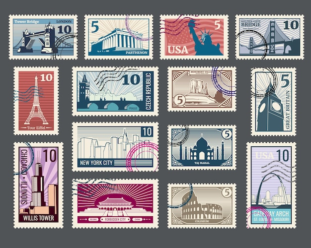 歴史的建造物と世界のランドマークが付いた旅行切手。