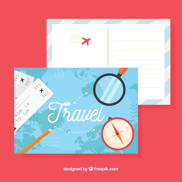 Шаблон открытки для путешествий с плоским дизайном