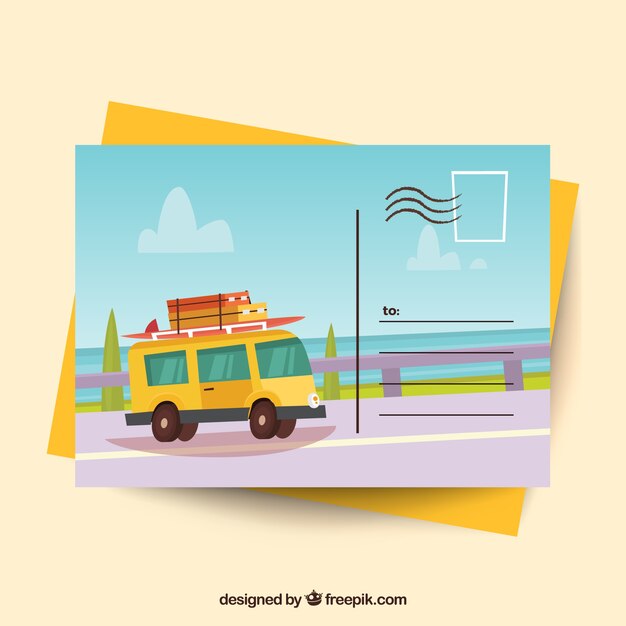 Travel postcard template with flat van