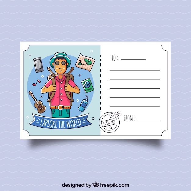 Free vector travel postcard template with hand drawn character