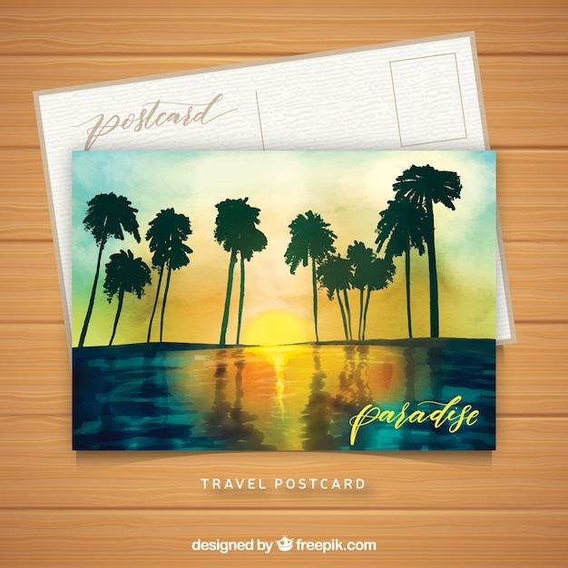 Free vector travel postcard template with watercolor landscape