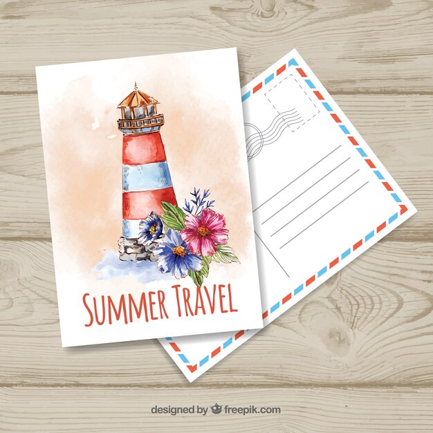 Travel postcard template with watercolor landscape