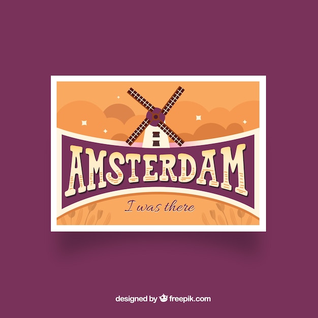 Free vector travel postcard with amsterdam in hand drawn style