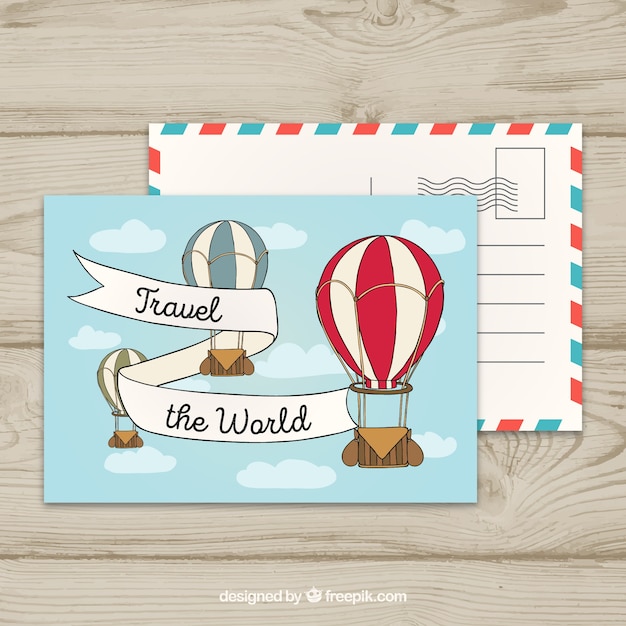 Travel postcard with balloons in the sky
