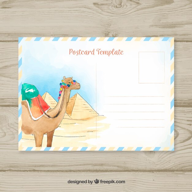 Travel postcard with camel in watercolor