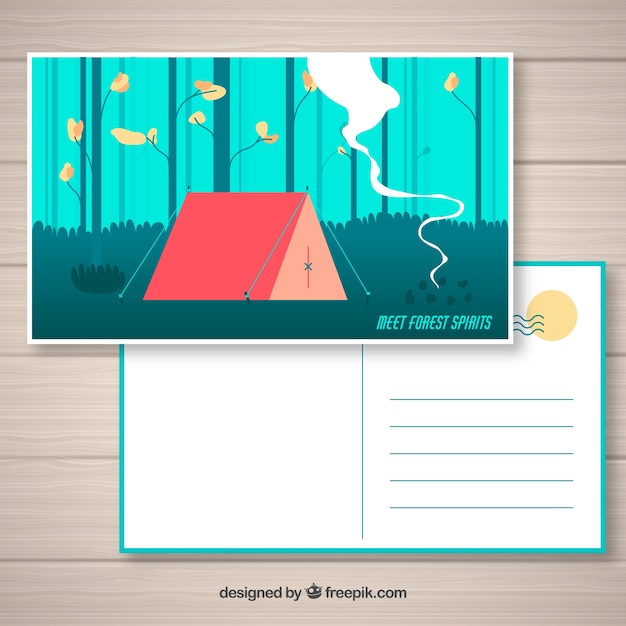 Travel postcard with camp tent in the forest