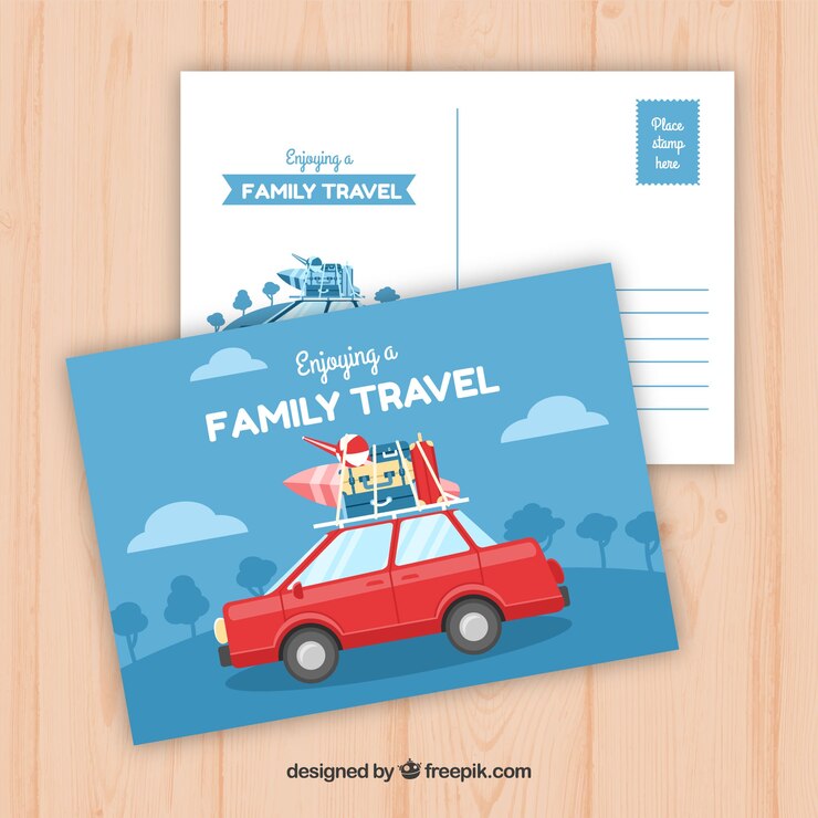 Free Vector travel postcard with car on the road in flat style