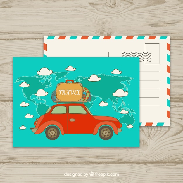 Travel postcard with car traveling