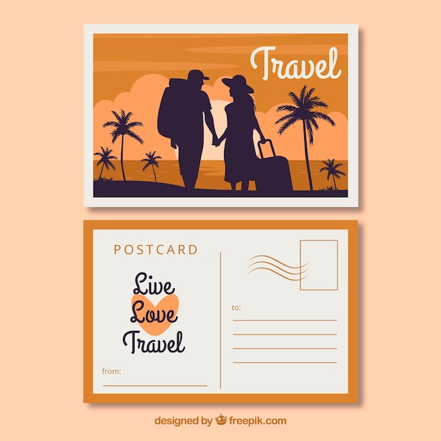 Free vector travel postcard with couple traveling