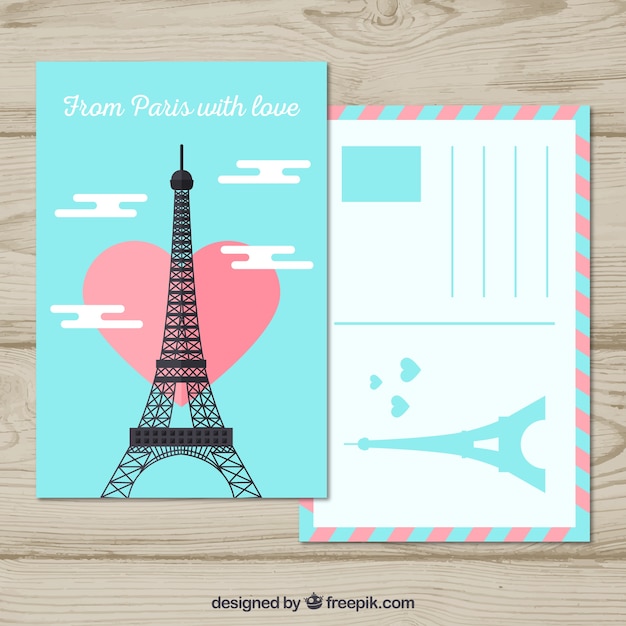 Travel postcard with eiffel tower in flat style