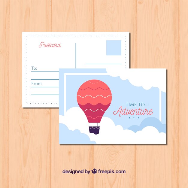 travel postcard with hot air balloon in the sky