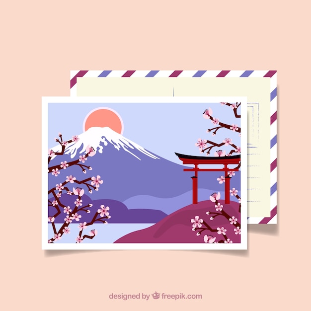 Vettore gratuito cartolina da viaggio con paesaggio giapponese