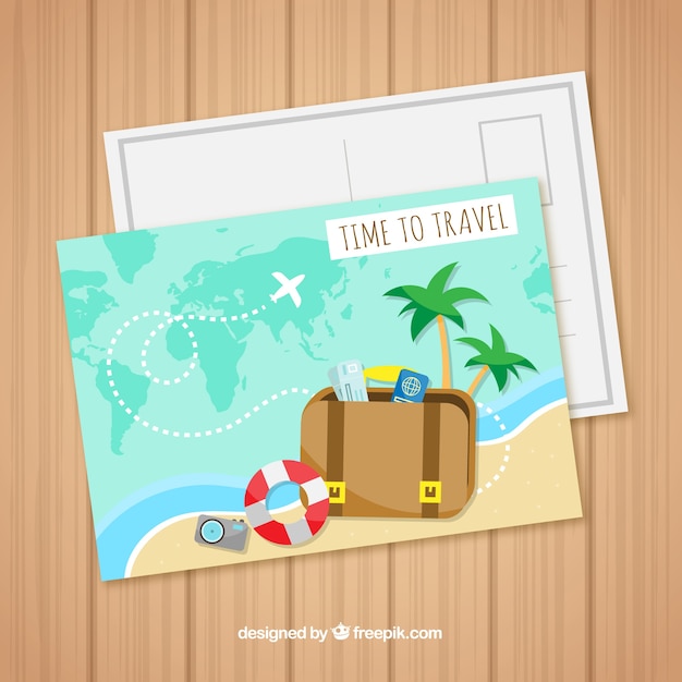 Free vector travel postcard with map and luggage
