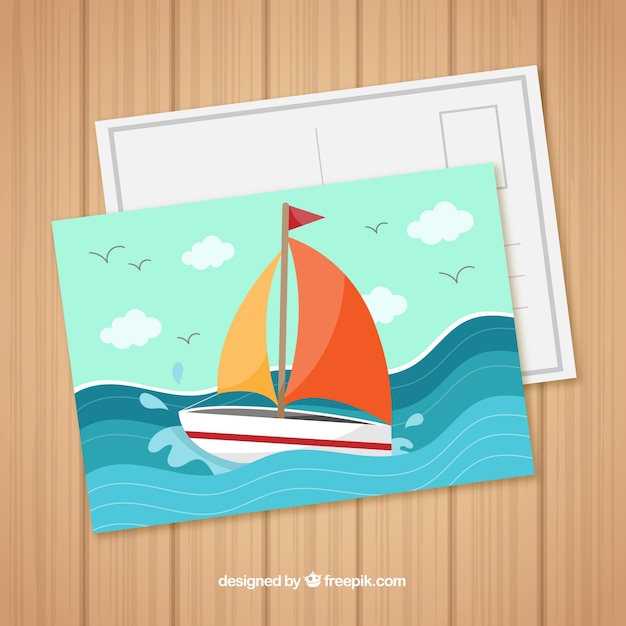 Бесплатное векторное изображение Путешествие открытки с парусной лодкой