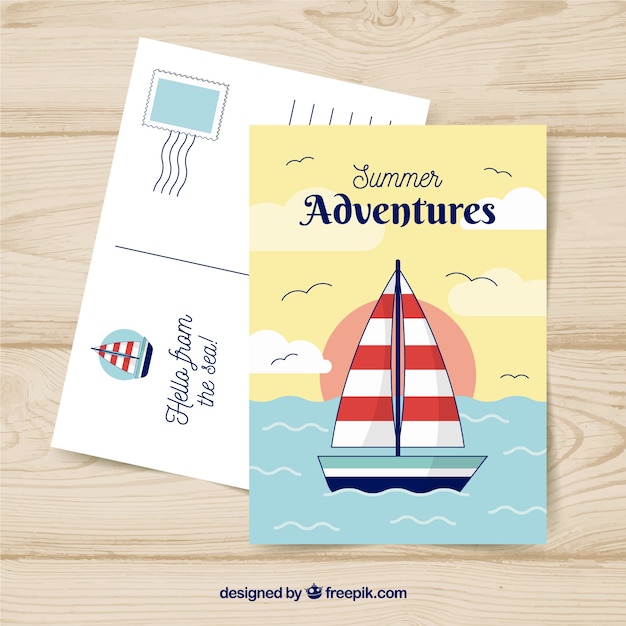 Free vector travel postcard with sea and sailboat