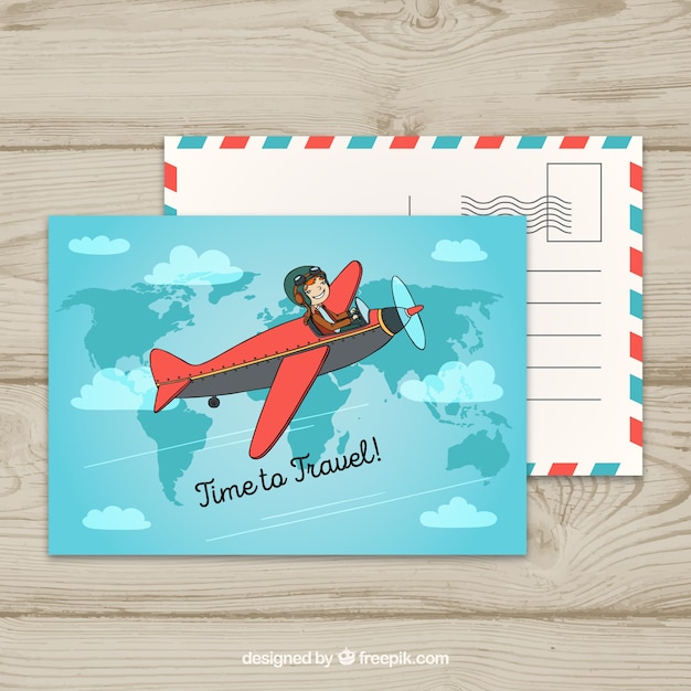 Cartolina di viaggio con piccolo aereo che vola