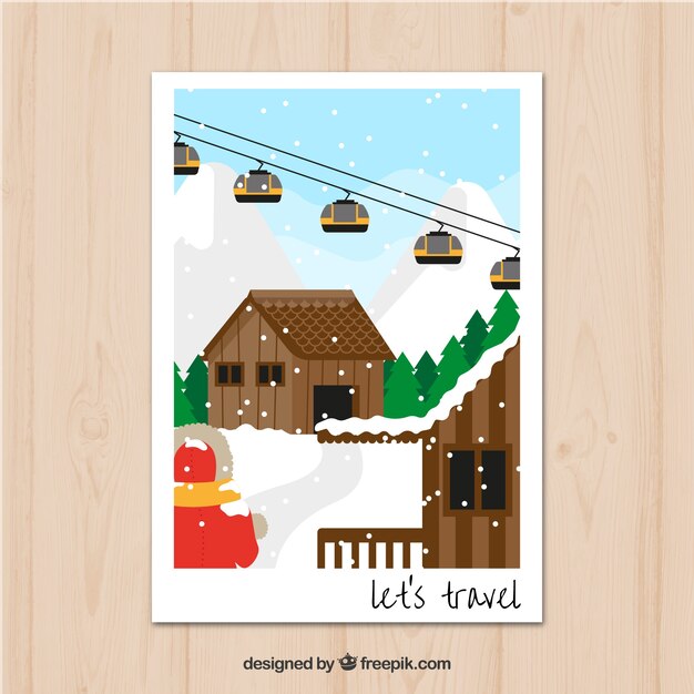 Travel postcard with snowy landscape in flat style