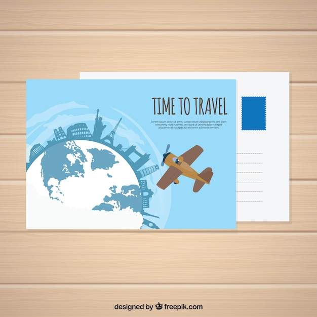 Free vector travel postcard with world and airplane