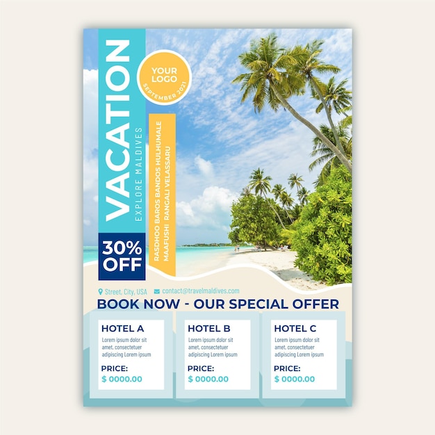 Free vector travel sale flyer with beach and palms