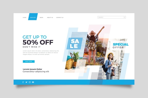 Free vector travel sale landing page template with photo