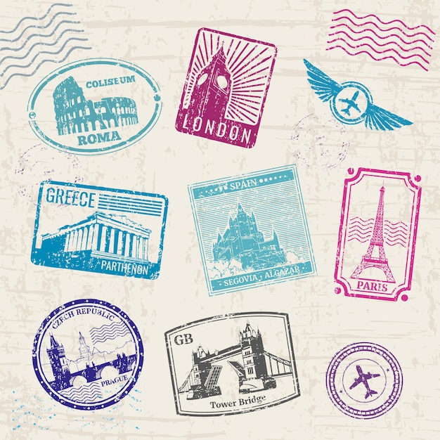 Free vector travel stamps set with europe countries landmarks.