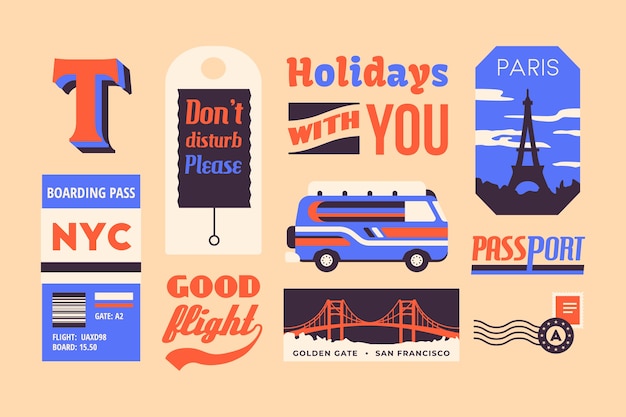 Free vector travel sticker collection in 70s style