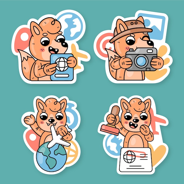 Free vector travel stickers collection with fred the fox