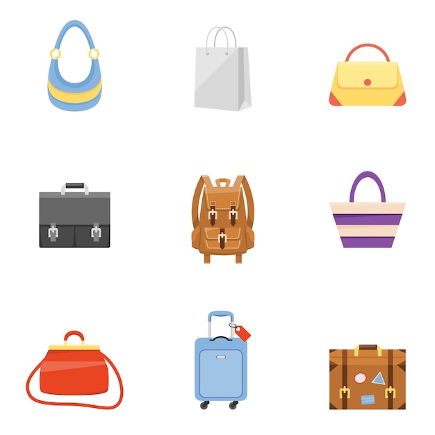 Travel suitcase, business briefcase, shopping bag and backpack icons
