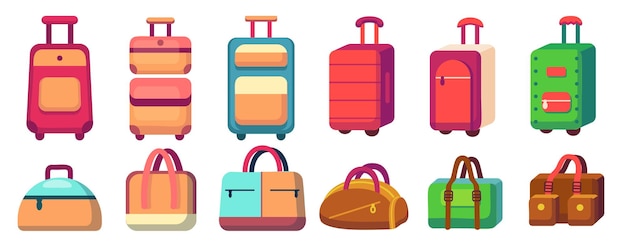Free vector travel suitcase journey package business travel bag trip luggage collection different bags heap of baggage suitcases luggage vector illustration