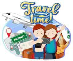 Free vector travel time typography design with travelers couple