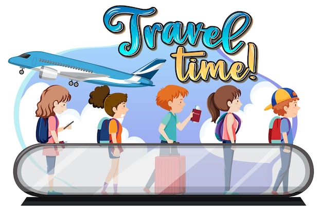 Бесплатное векторное изображение Логотип типографии travel time с пассажирами на движущейся дорожке