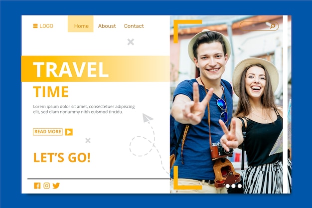 Travel time with couple making peace sign landing page